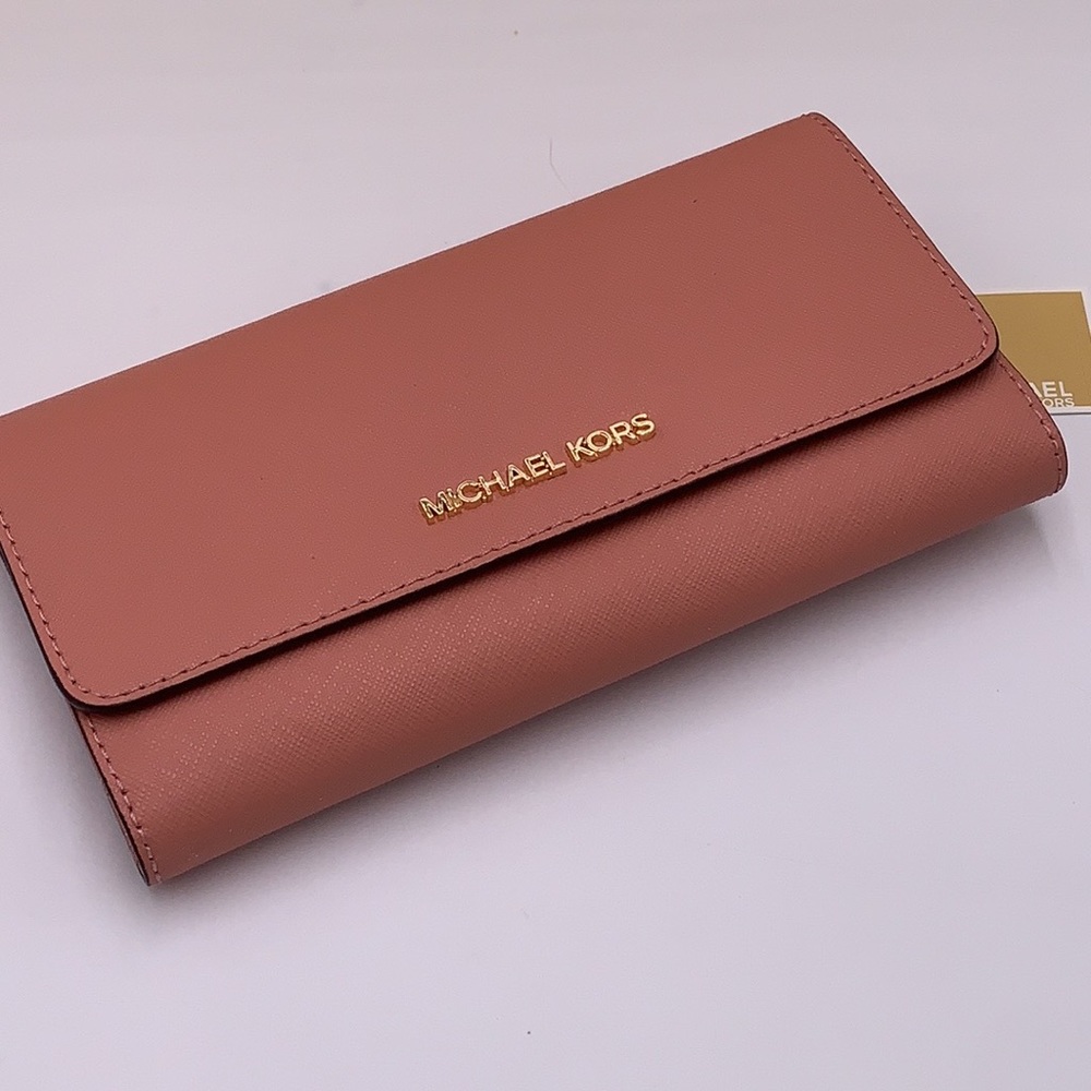 MICHAEL KORS JET SET TRAVEL LARGE TRIFOLD WALLET SUNSET ROSE COLOR - Picture 10 of 16